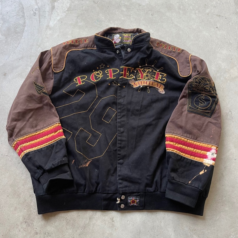 Vintage JH Design Popeye the Sailorman Racing Jacket Black Brown 4XL 2006